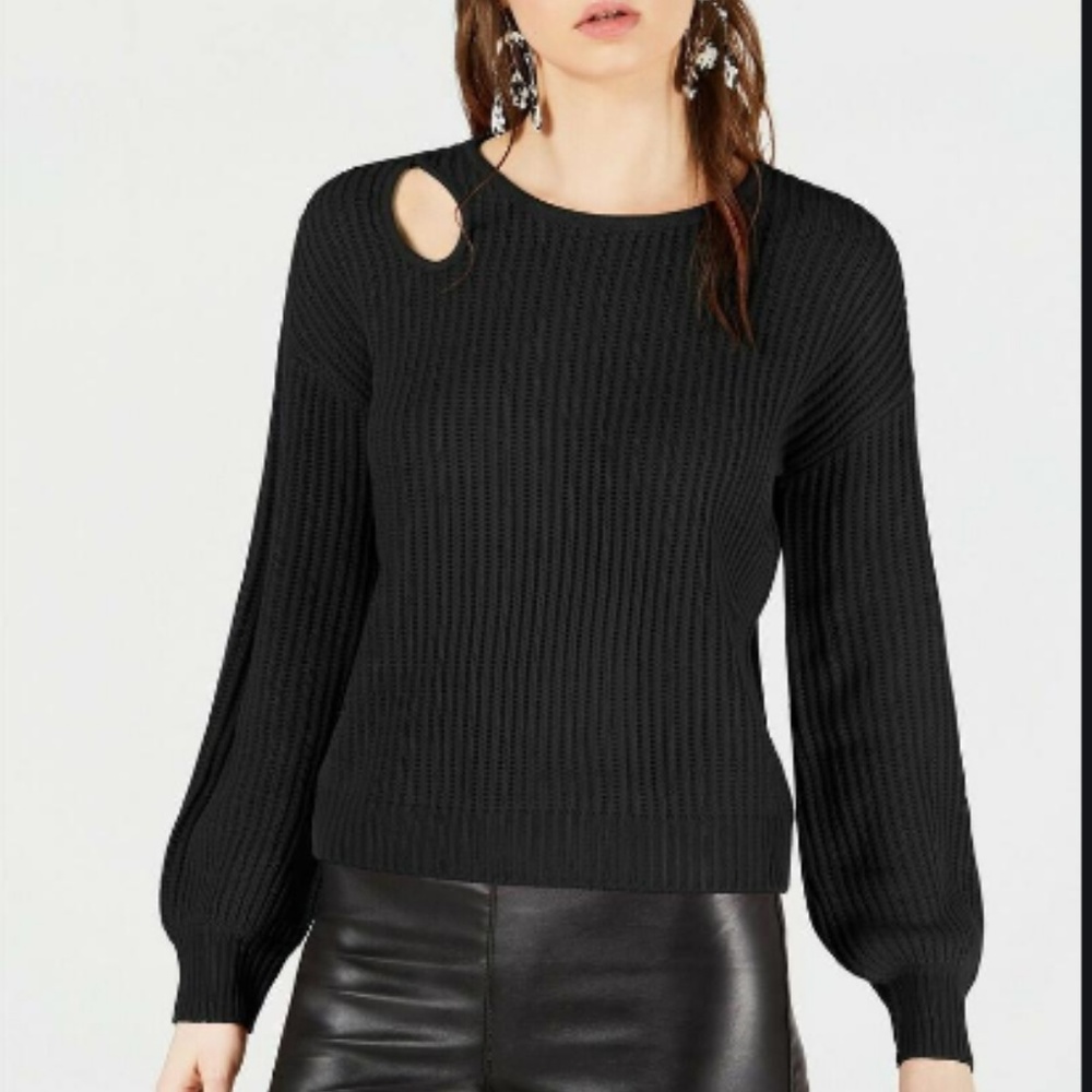 Black Sweater Cut Out Shoulder Pullover Crew Neck